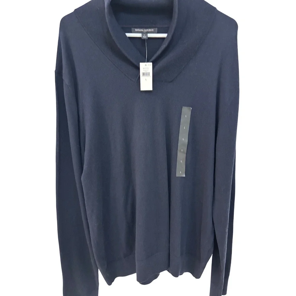 Banana Republic Mens Sweater Large L Shawl Collar Navy Blue Knitwear Top